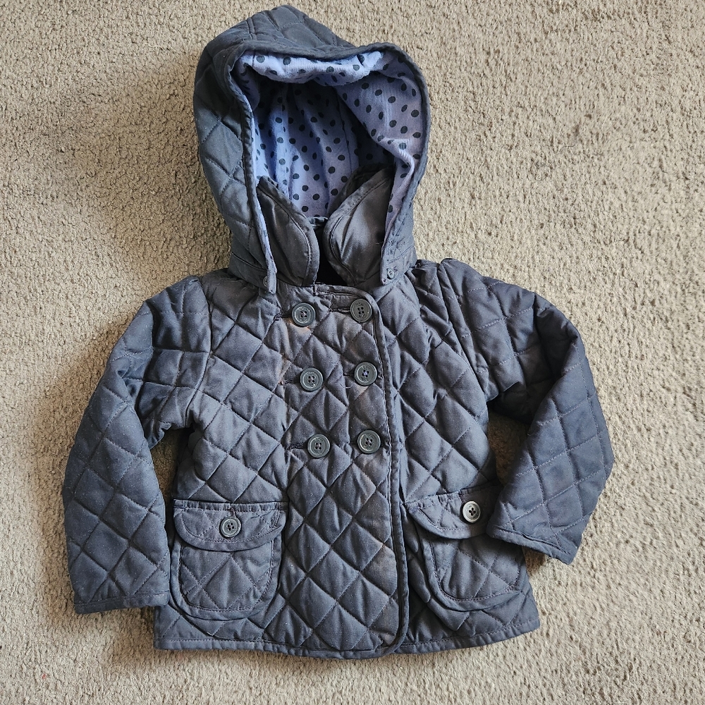 BABY GAP Kids Jacket Size 3 Gray Double Breasted Lined Toddler Hood Quilted Coat